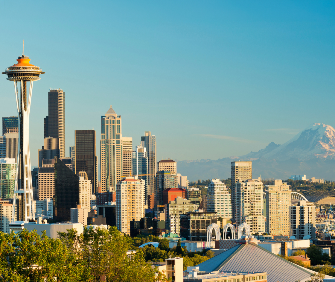 Seattle skyline with Space Needle and Mount Rainier